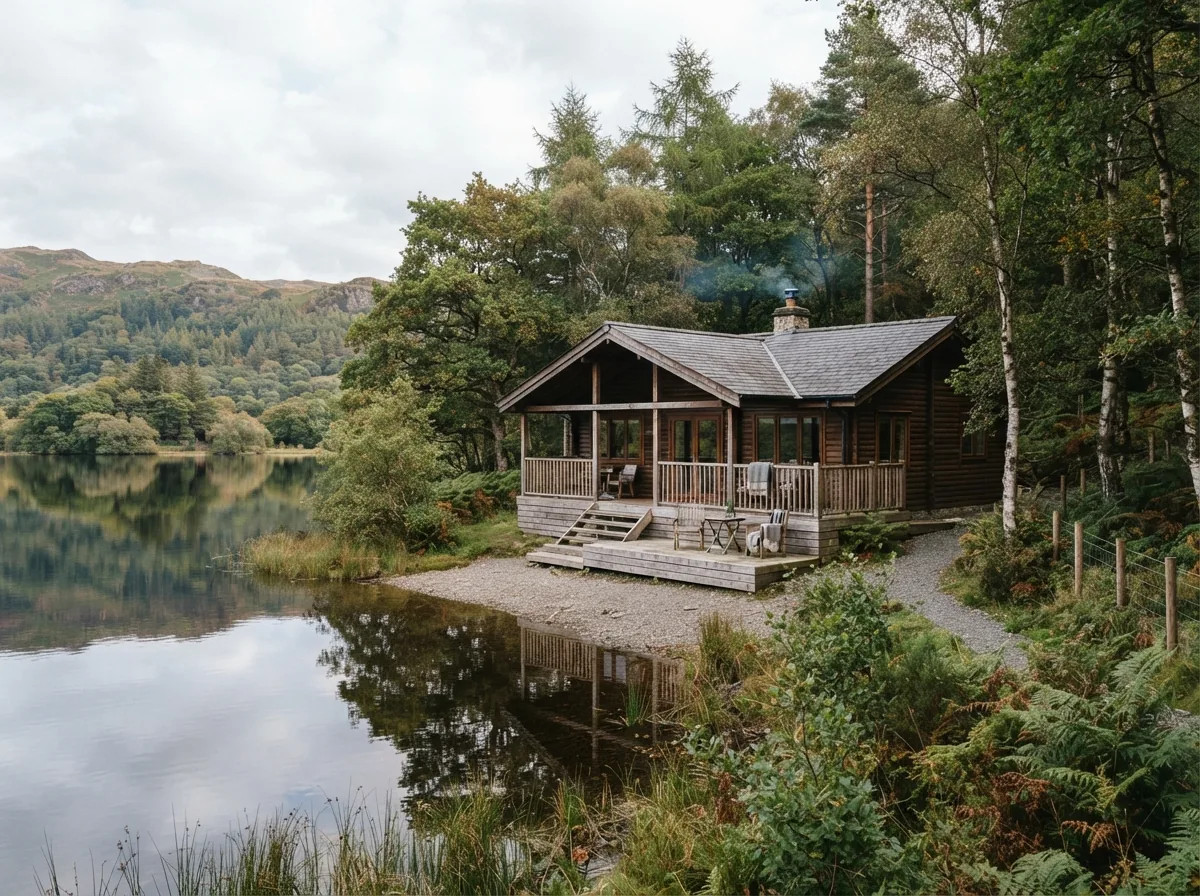 A timber lodge with a deck among trees beside water