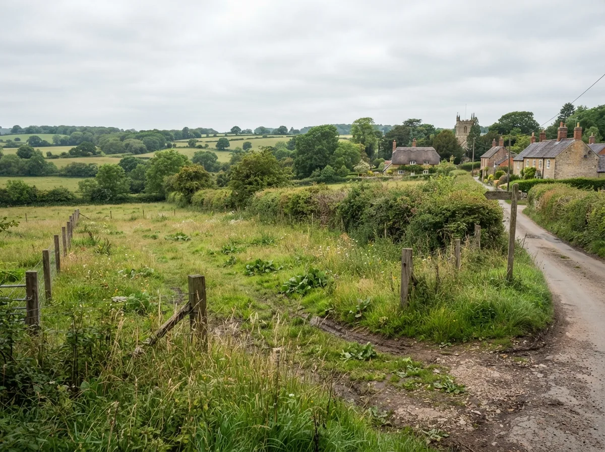 A grassy building plot on the edge of a village