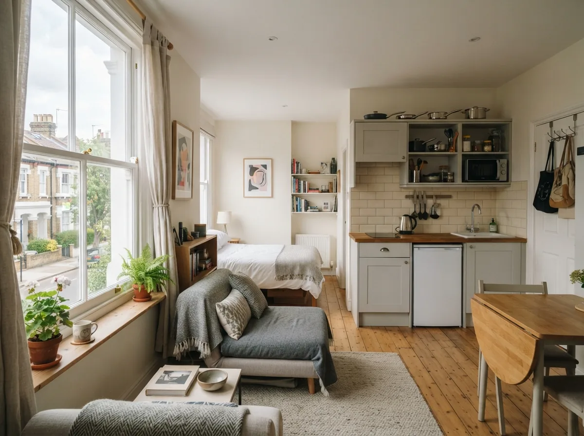A bright studio flat with a kitchen area and a large window