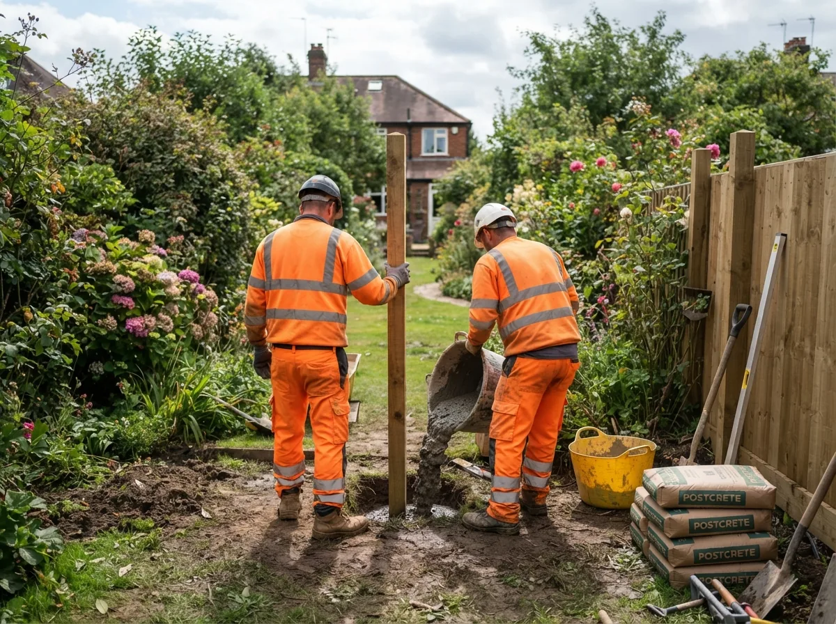 The fitting team concreting fence posts in a garden