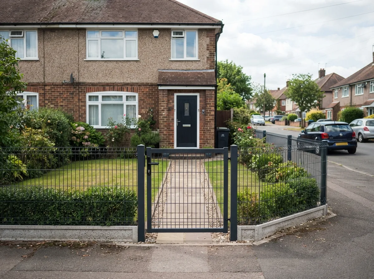 An anthracite welded mesh panel fence outside a house