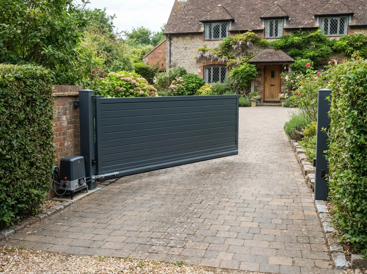 A cantilever sliding gate with a motor across a driveway