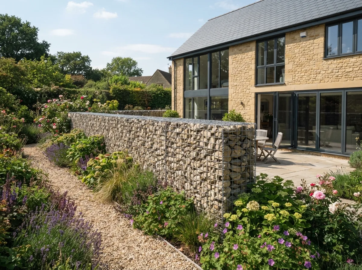 A stone filled gabion wall beside a modern house
