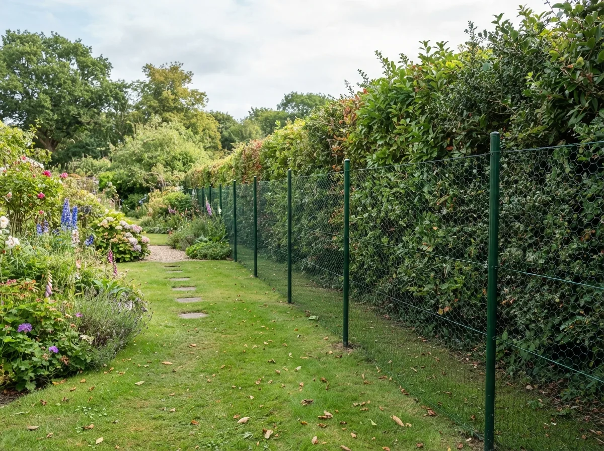Green plastic coated wire mesh fencing round a garden