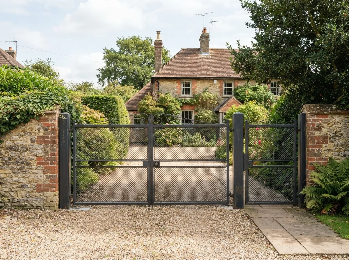 A pair of swing gates with an expanded mesh infill and a wicket gate