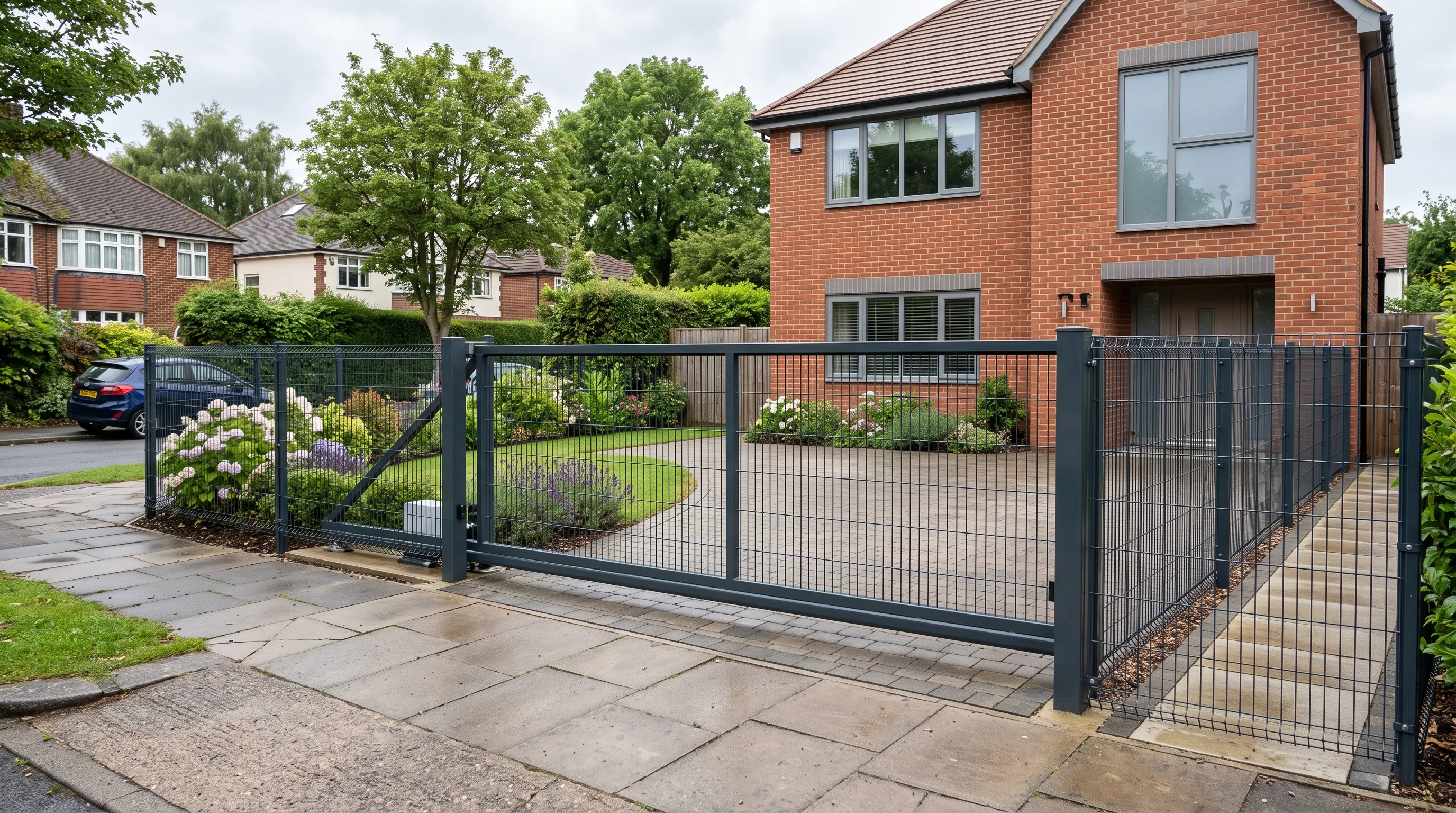 A modern anthracite mesh fence with a sliding gate outside a house