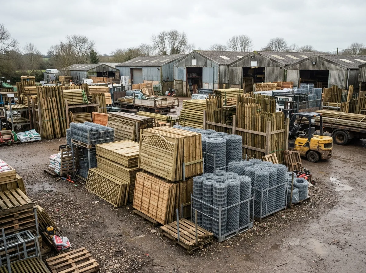 The yard and workshop, stacked with fence panels and rolls of mesh