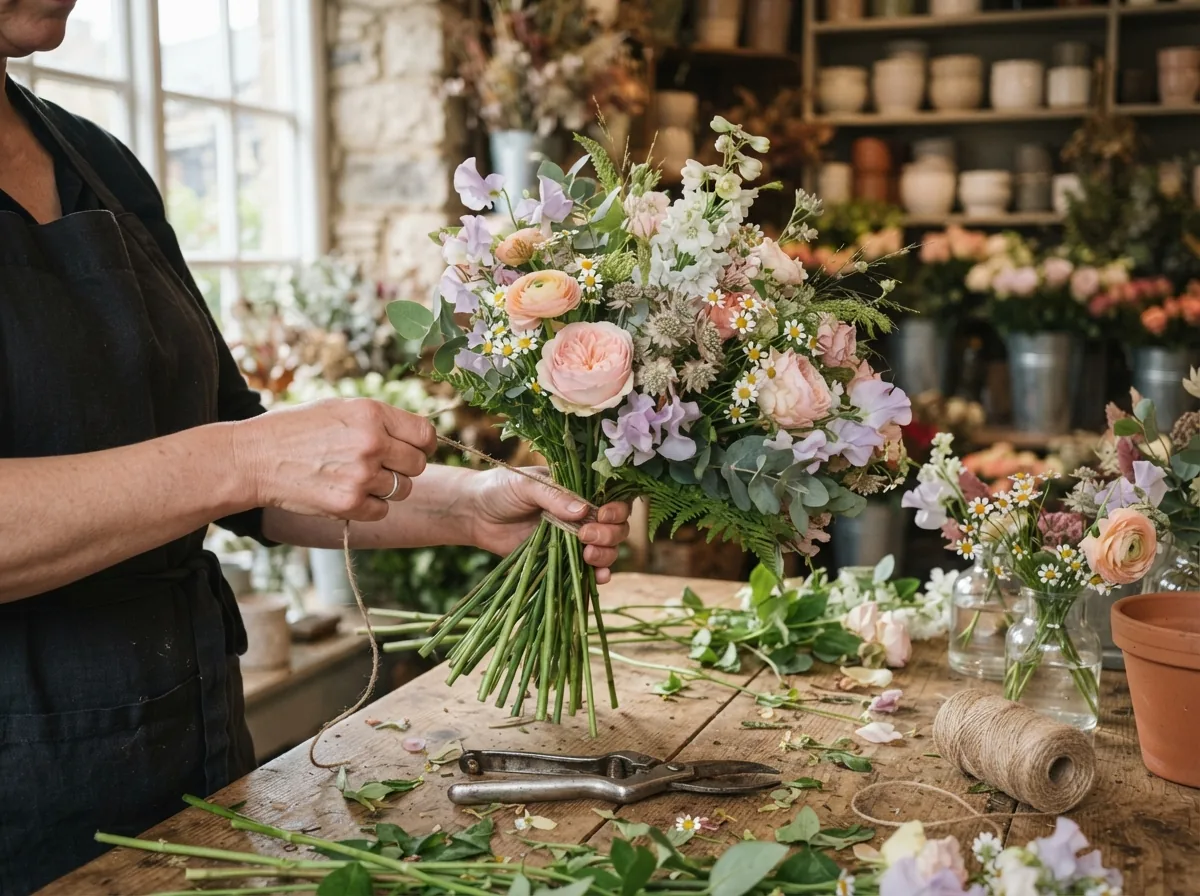 A florist making up a seasonal bunch behind the counter