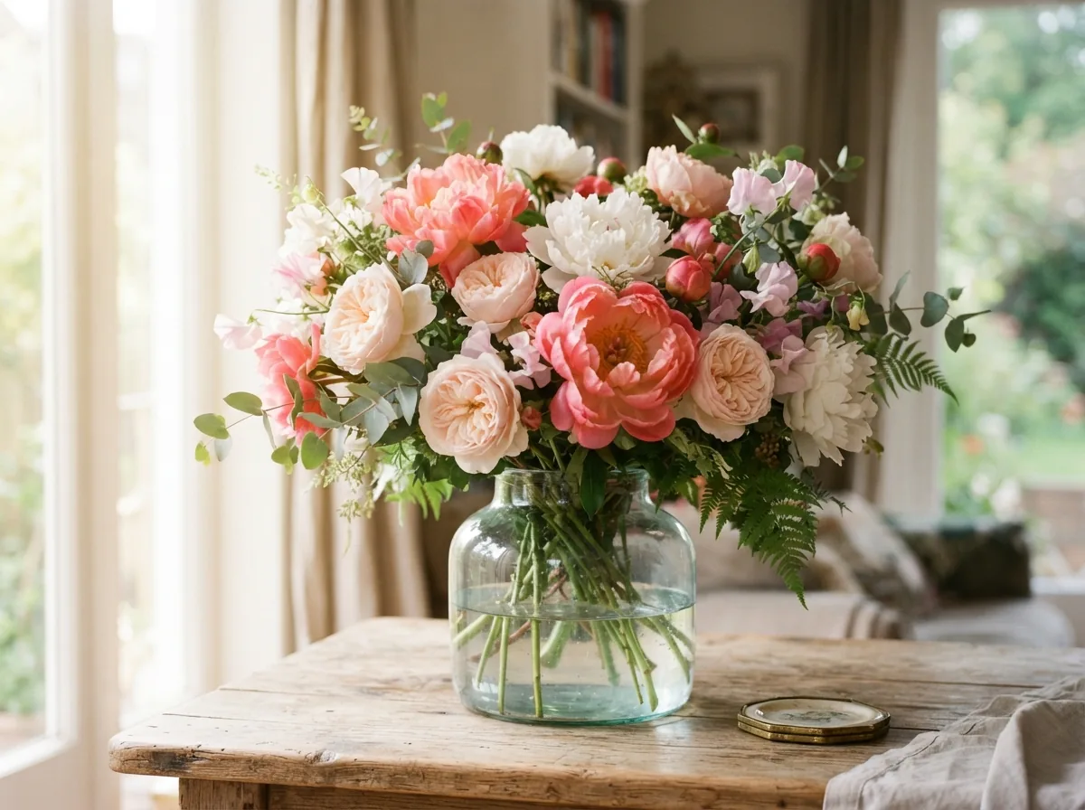 A full seasonal bunch of peonies, roses and foliage in a jug