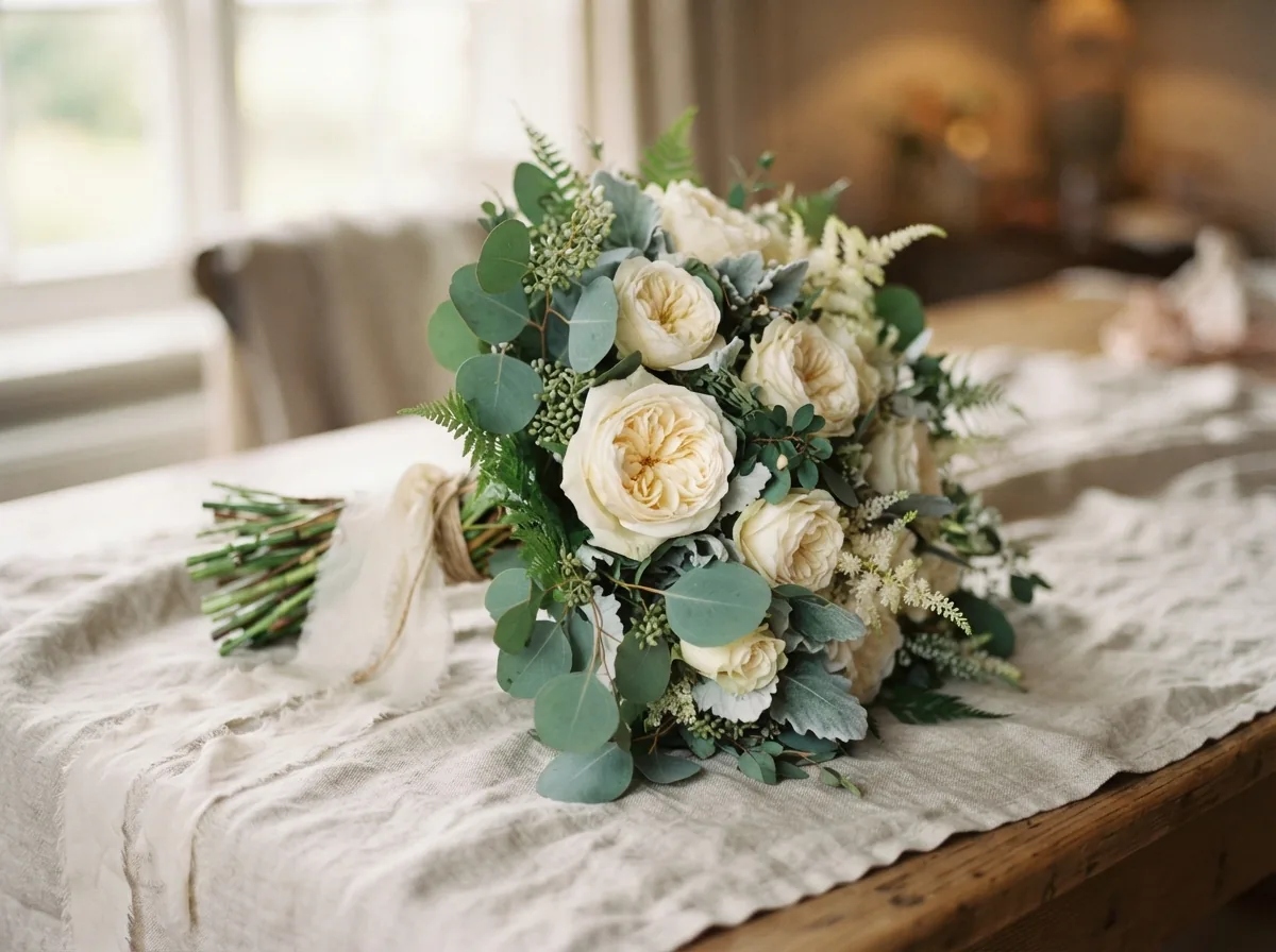 A bridal bouquet of cream roses and eucalyptus