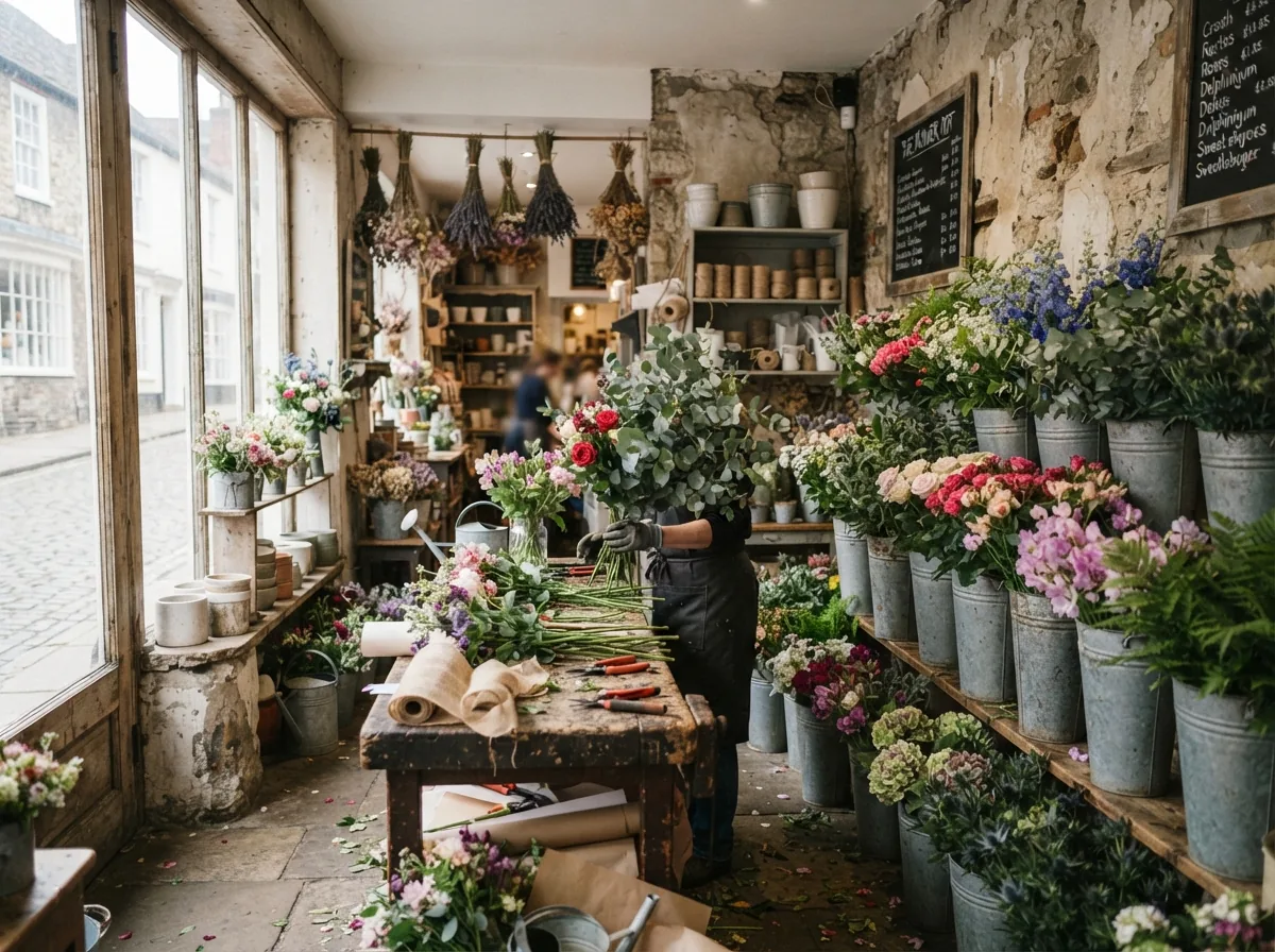 Inside the shop, with buckets of cut flowers