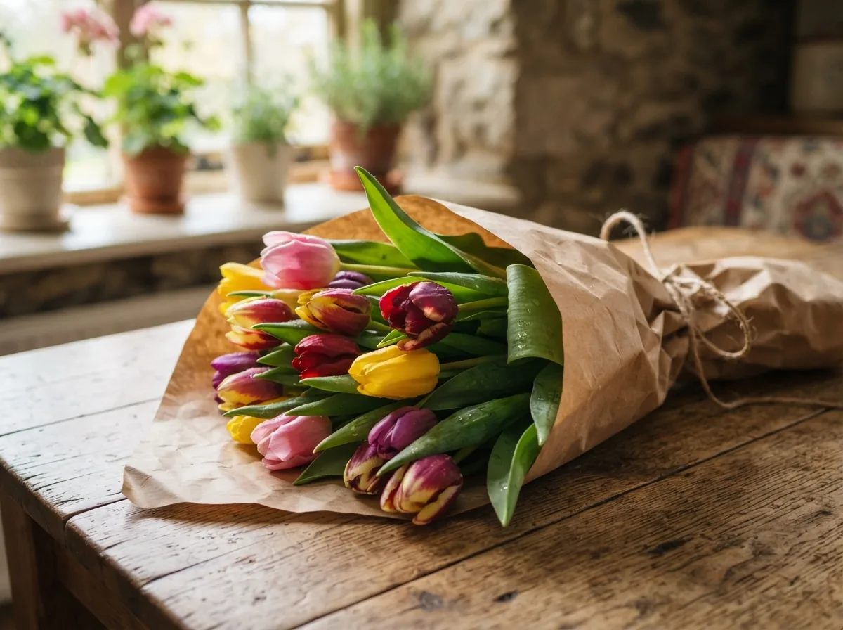 A bunch of British tulips on a wooden table