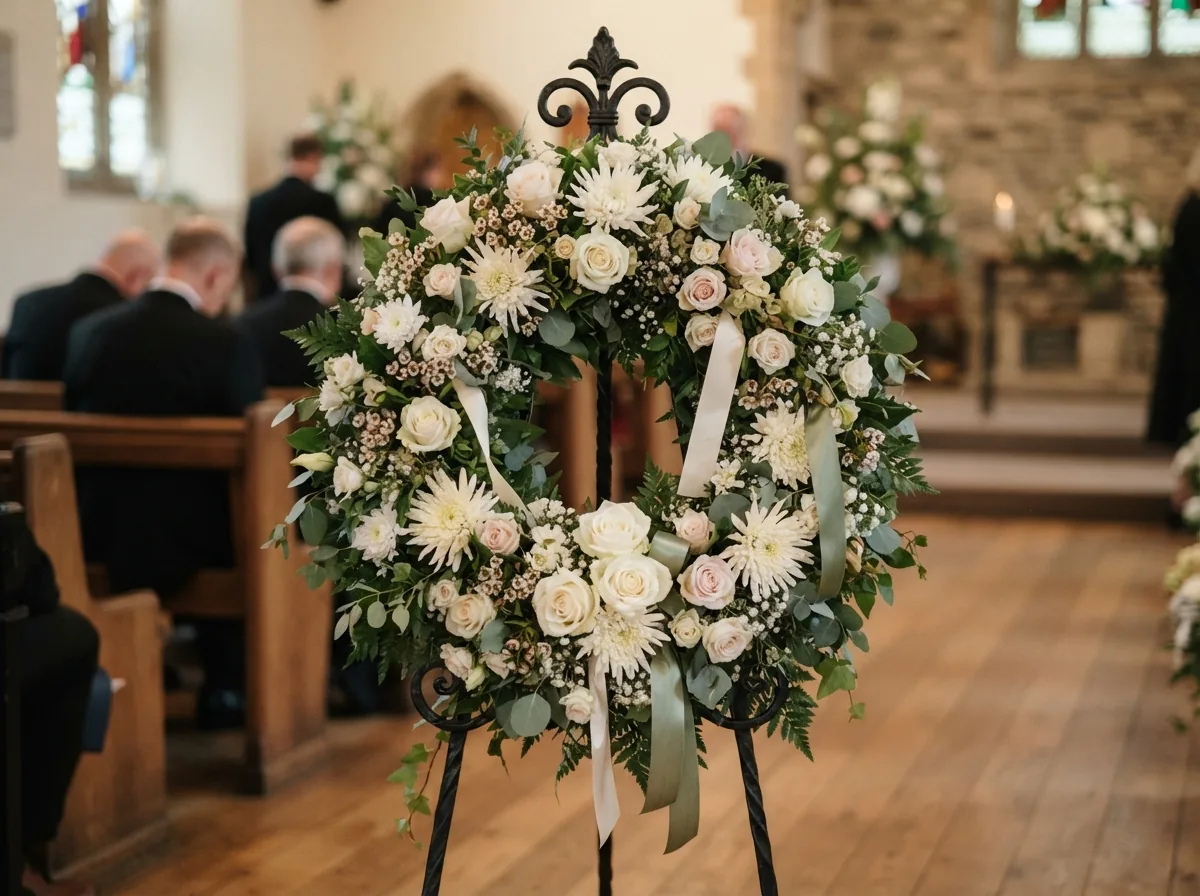 A funeral wreath of foliage, chrysanthemums and roses