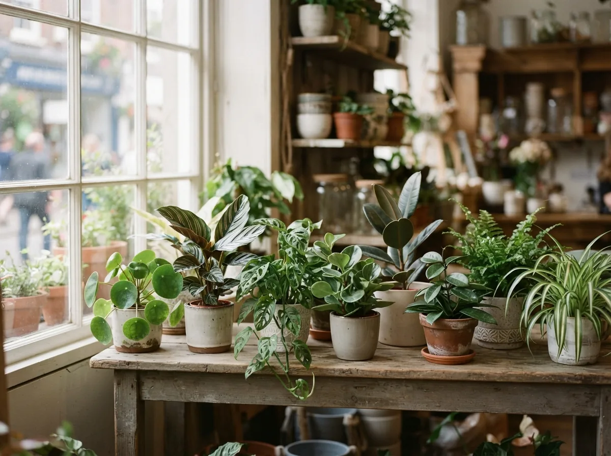 Potted houseplants on a shelf in the shop
