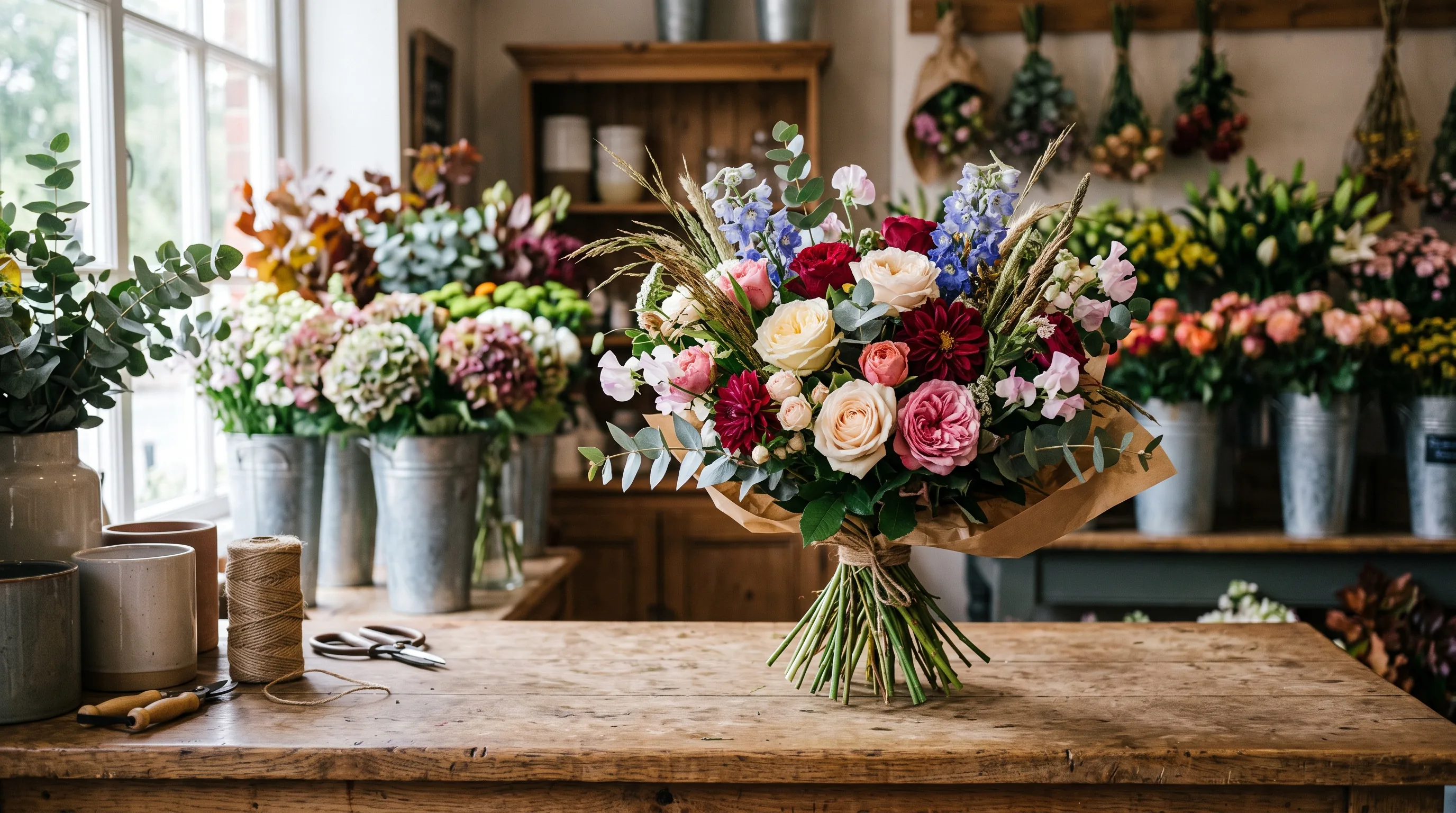 A seasonal hand-tied bunch on the shop counter