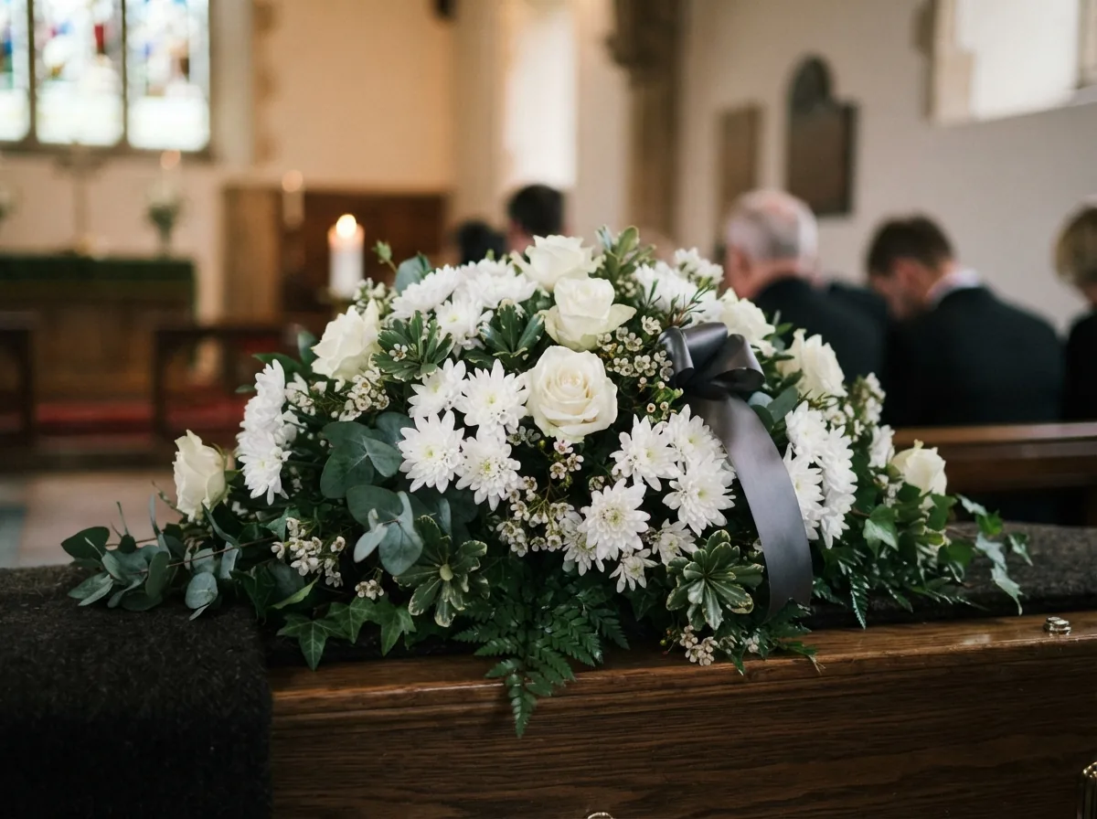 A funeral tribute of white chrysanthemums, roses and foliage