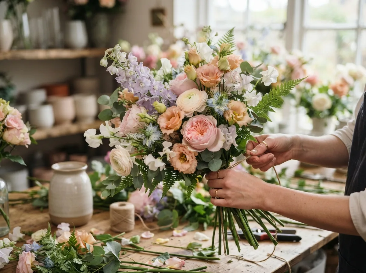 A florist tying a bunch of pastel flowers by hand