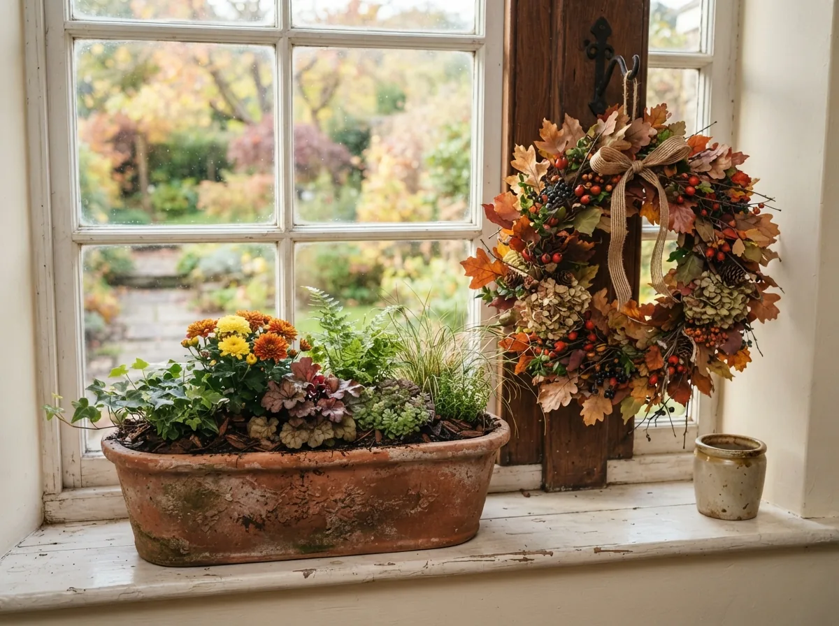 A planted trough on a windowsill and a seasonal door wreath