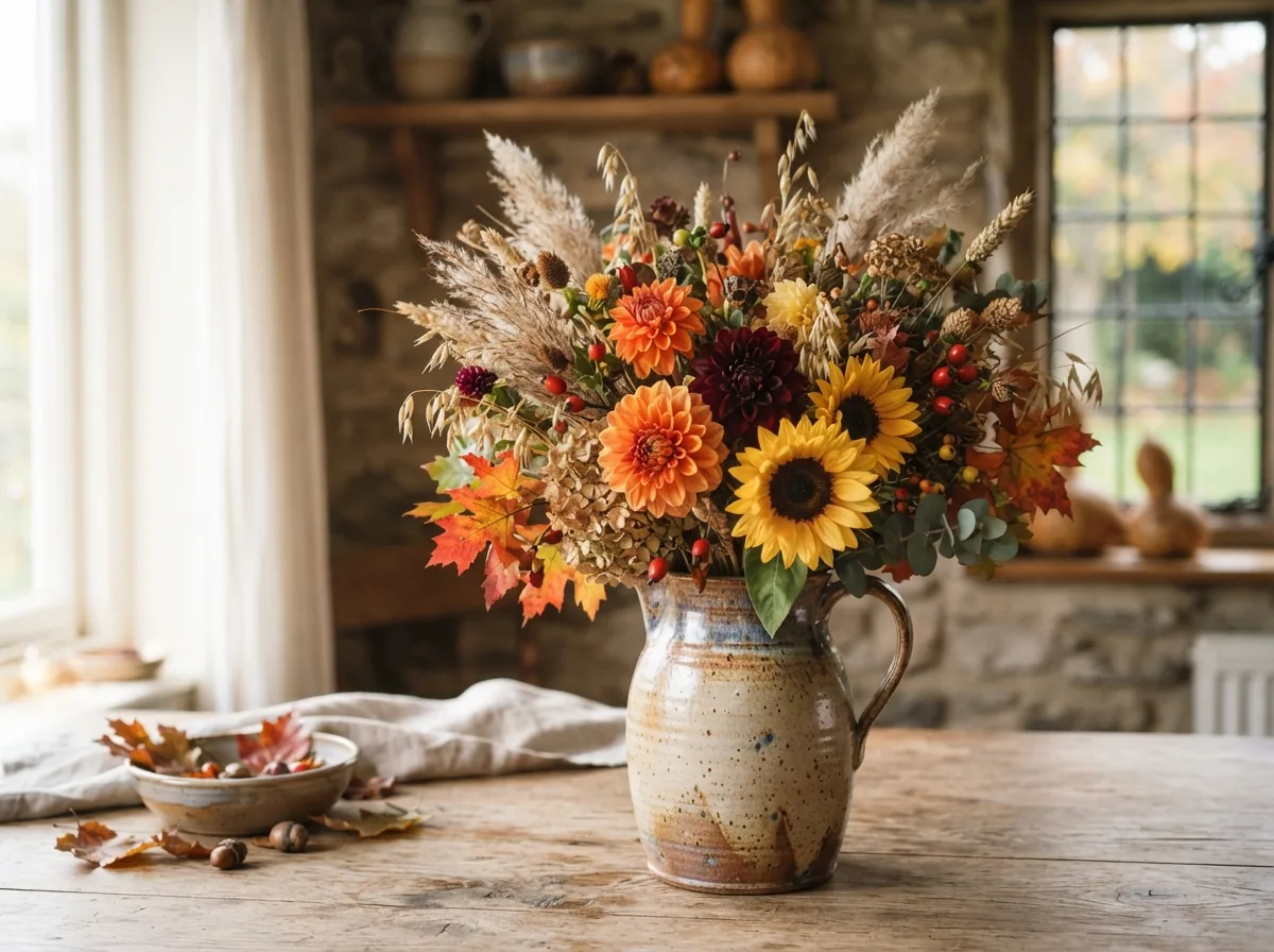 An autumn arrangement of dahlias, sunflowers and dried grasses