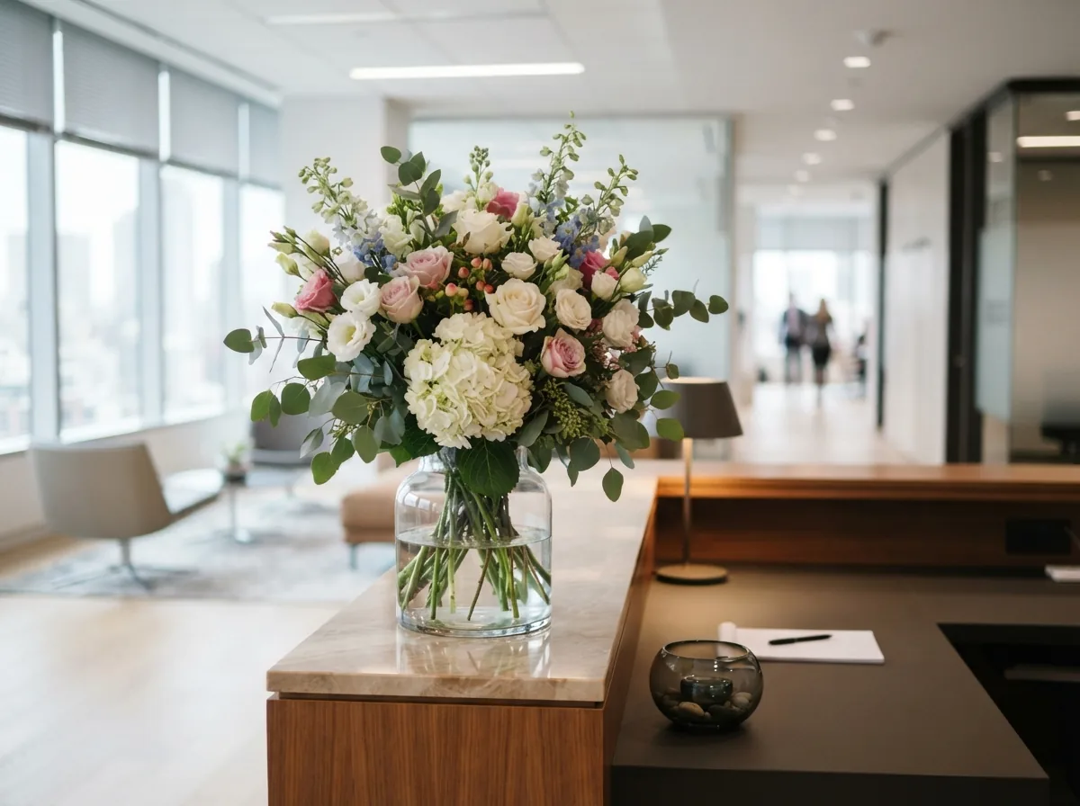 A weekly arrangement on an office reception desk