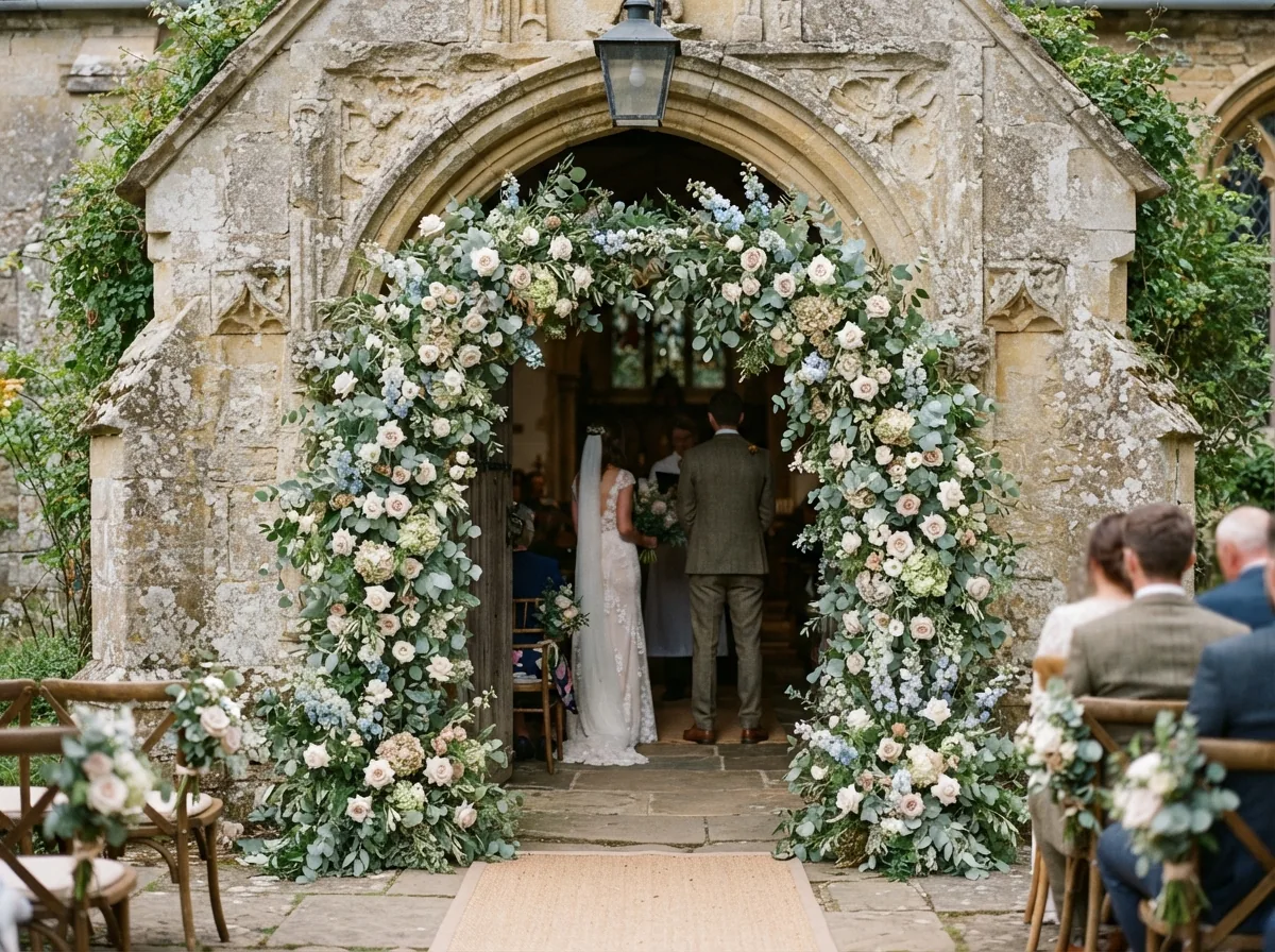 A wedding arch of roses and eucalyptus at a ceremony