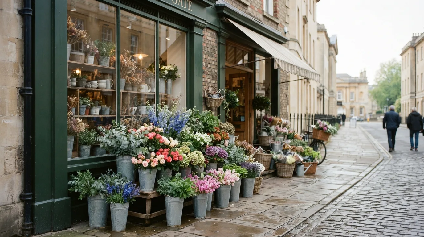The shop front, with buckets of flowers outside the door