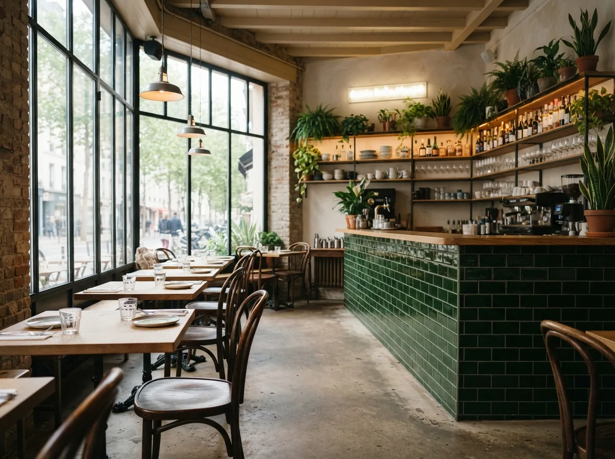 A café interior with wooden tables, a green-tiled bar and a big window