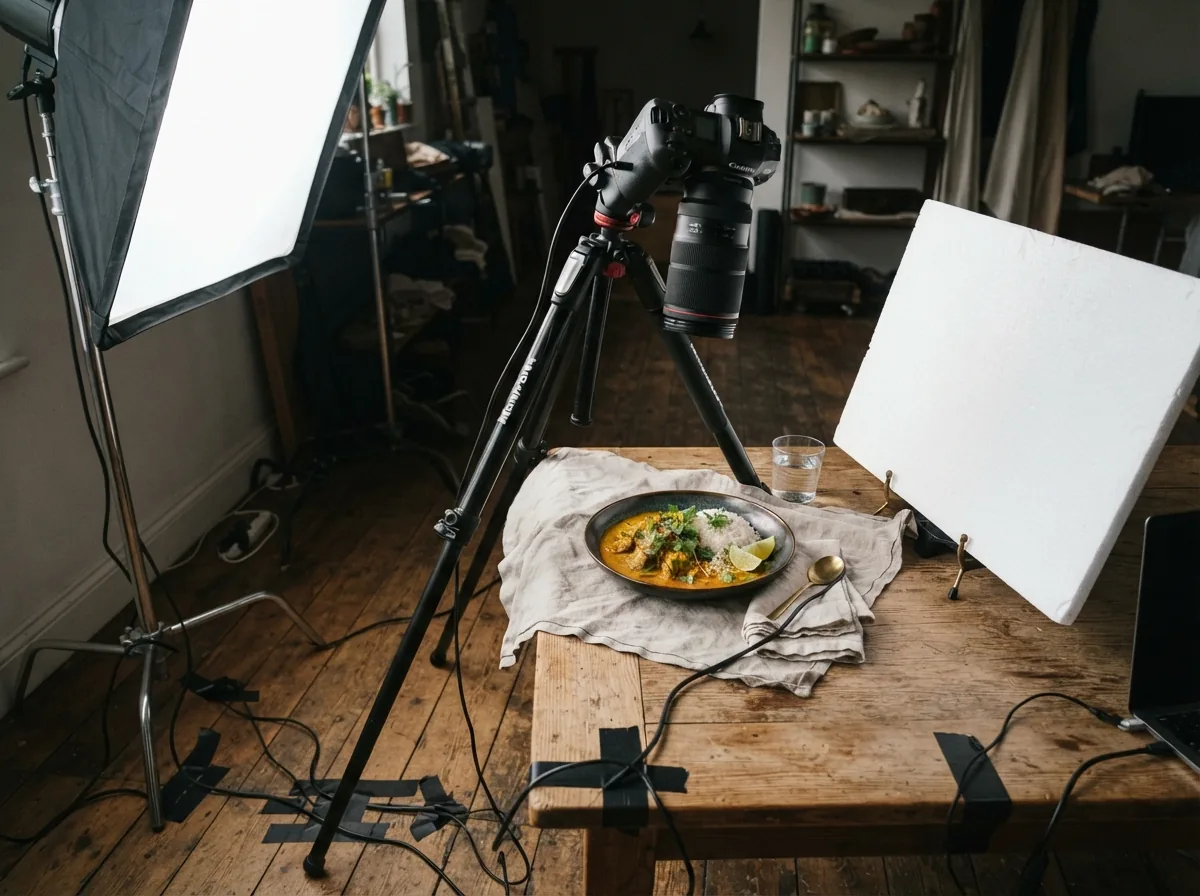A food set lit and ready — camera on a tripod over the plate, softbox and reflector
