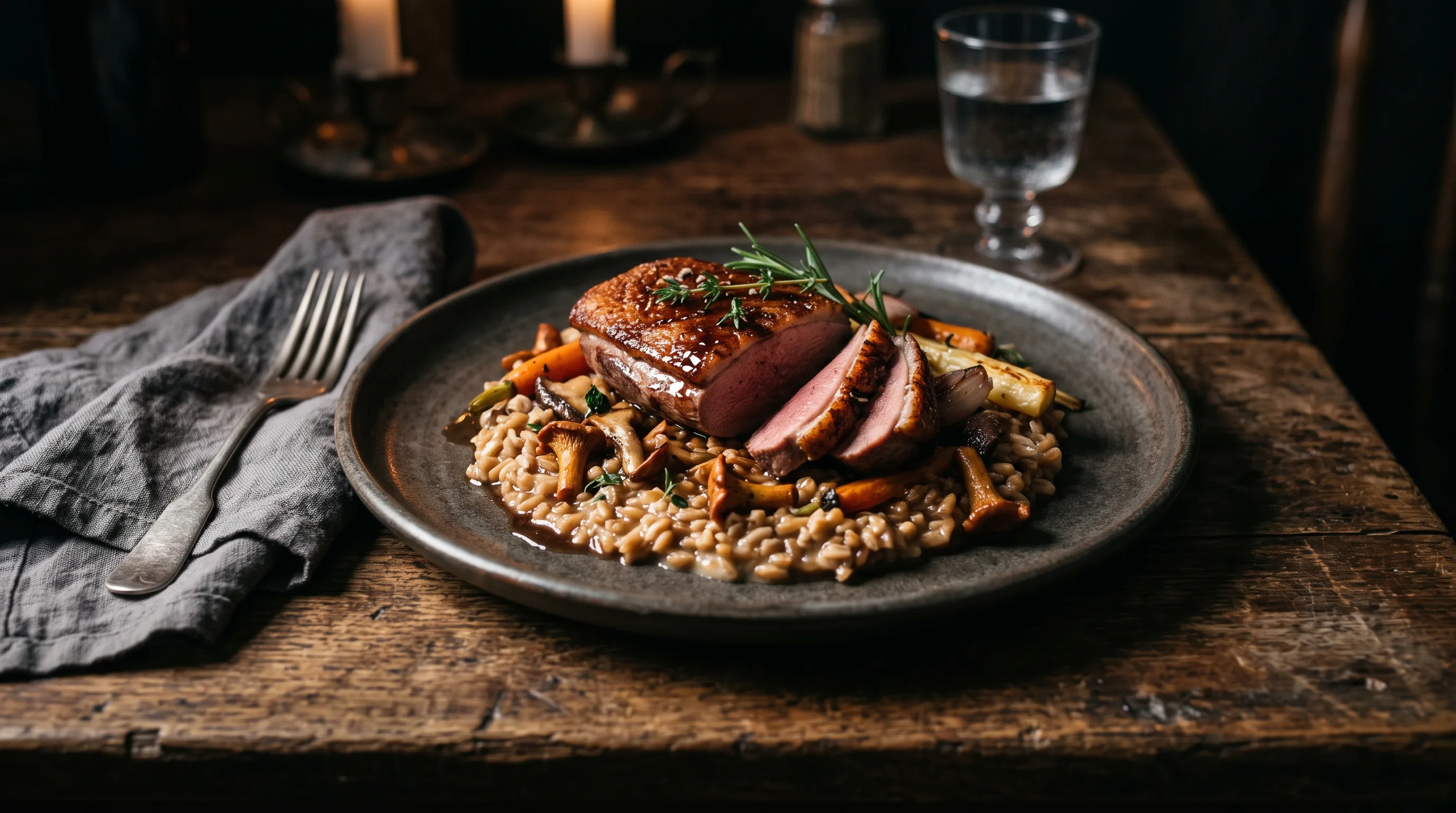 A main course on a dark plate on a wooden table, lit with one soft light
