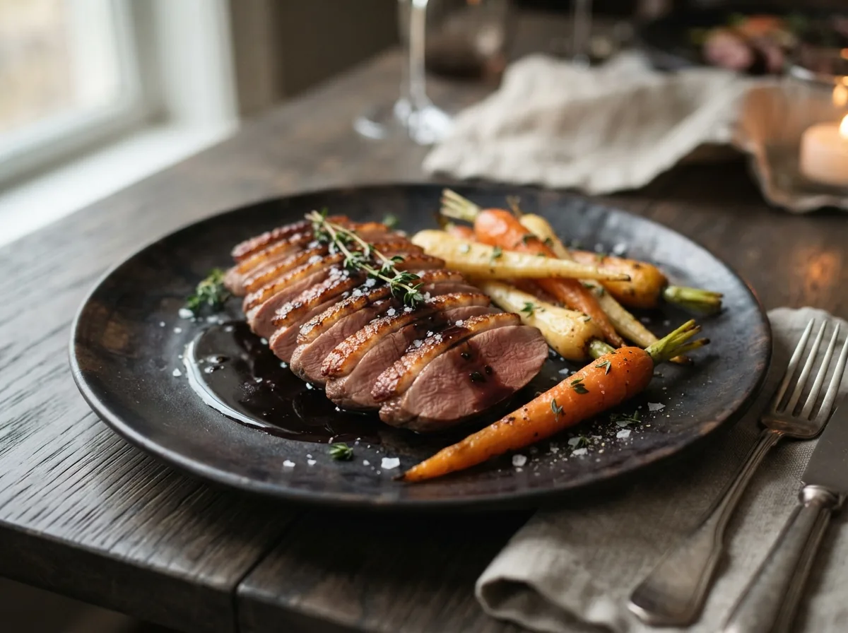 Sliced duck breast with a dark sauce and roasted young carrots