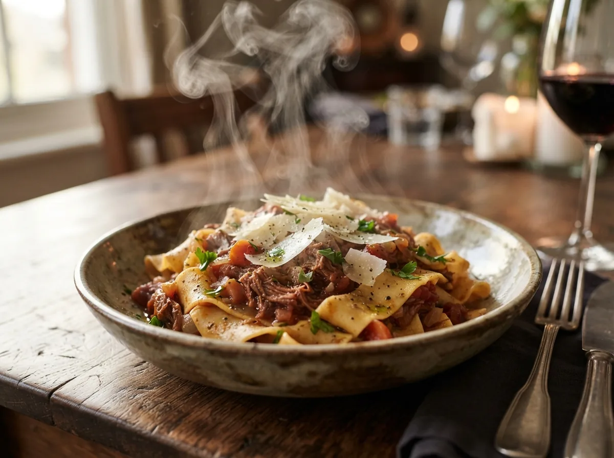 Fresh pappardelle with ragù and shaved hard cheese, steam rising off the bowl