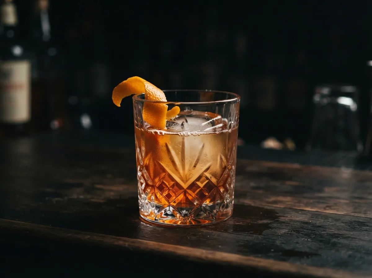 A cocktail over one large ice cube with orange peel, in a cut glass