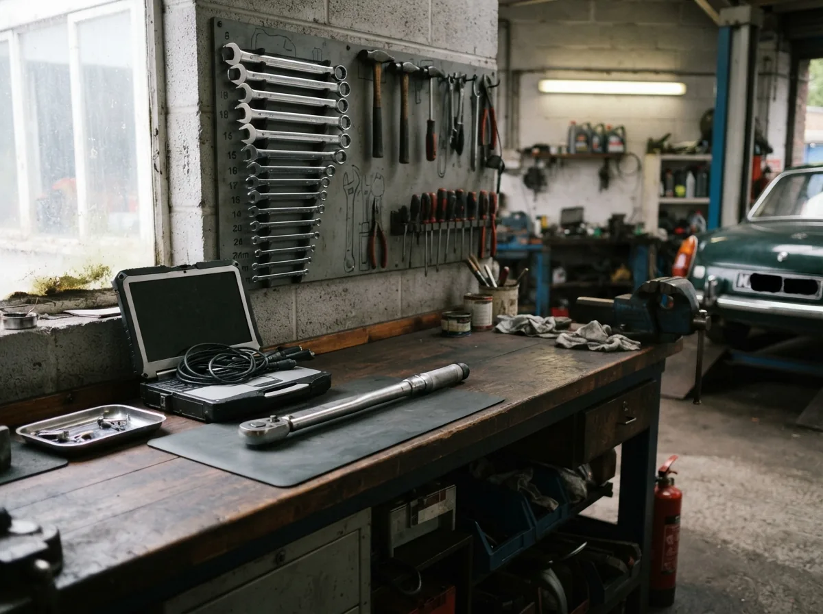 The workbench in the garage, tools racked behind