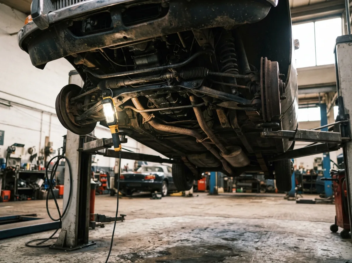 A car raised on the ramp for an underside check