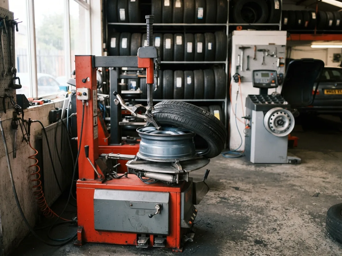 A wheel on the balancing machine in the tyre bay
