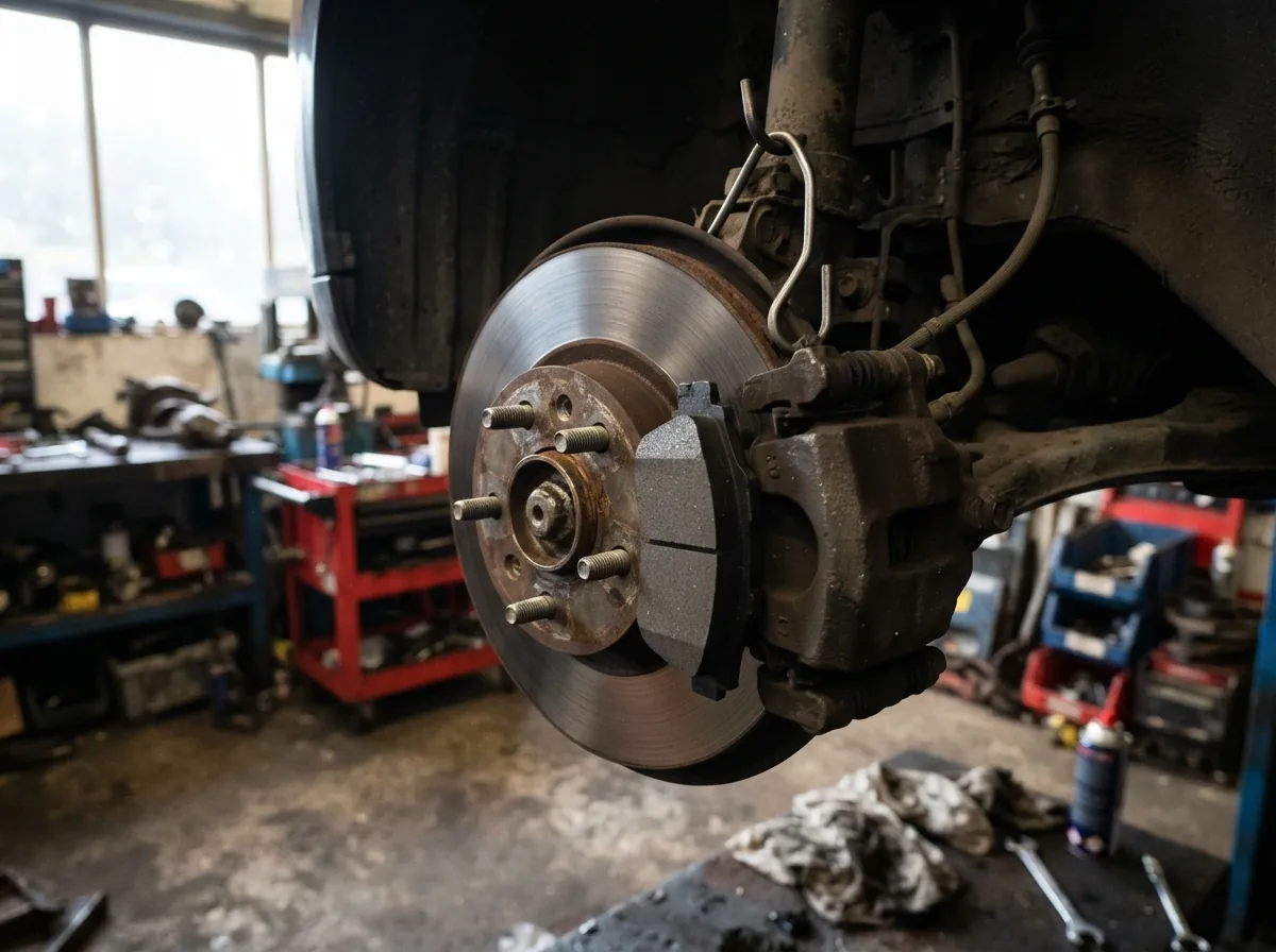 New brake pads with the caliper hung aside
