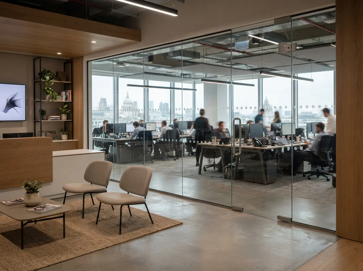 A toughened glass office partition in a reception area