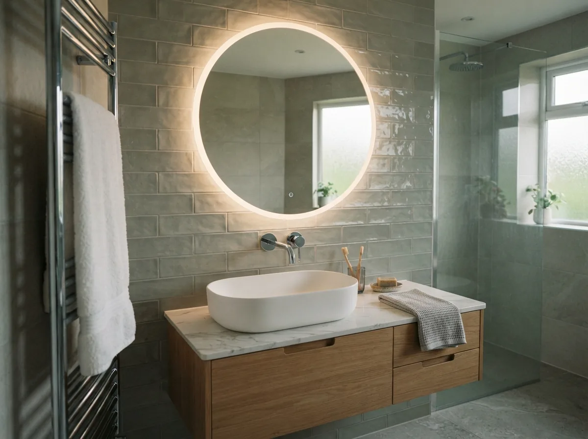 An LED lit mirror above a bathroom basin