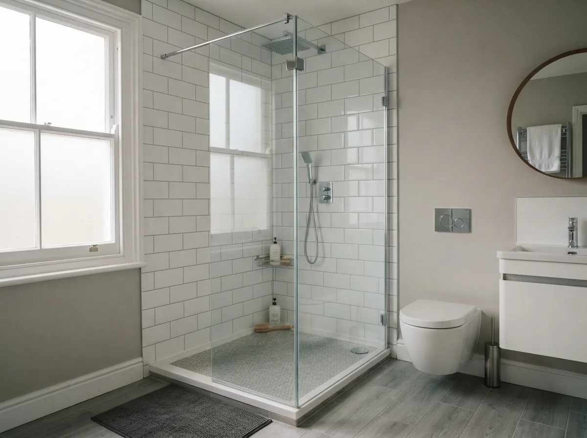 A frameless toughened glass shower screen in a new bathroom