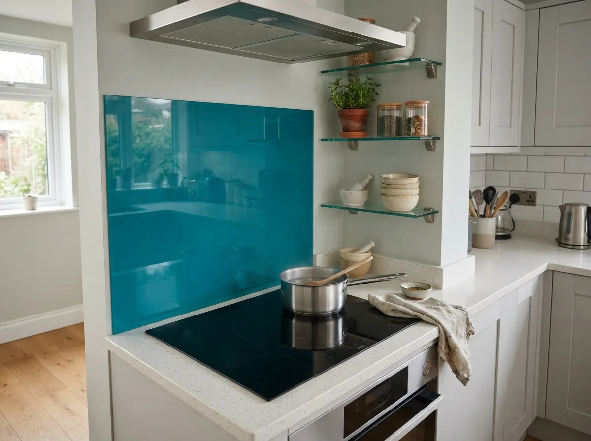 A teal glass splashback behind a hob, with glass shelving