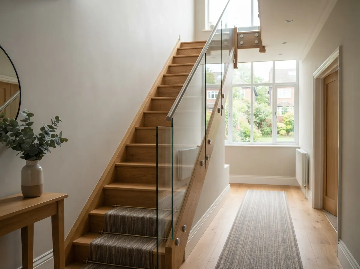 A glass stair balustrade fixed with stainless steel discs