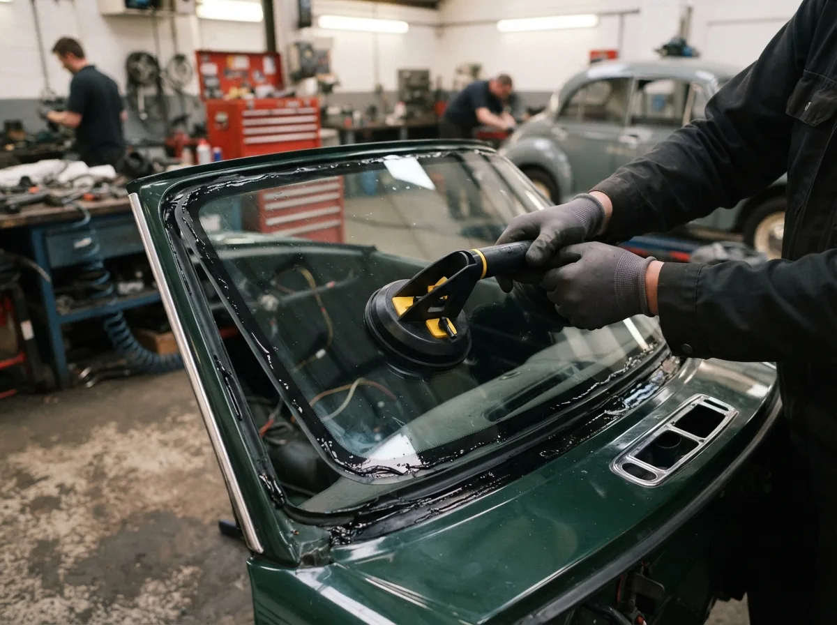 A technician setting a new windscreen with suction cups