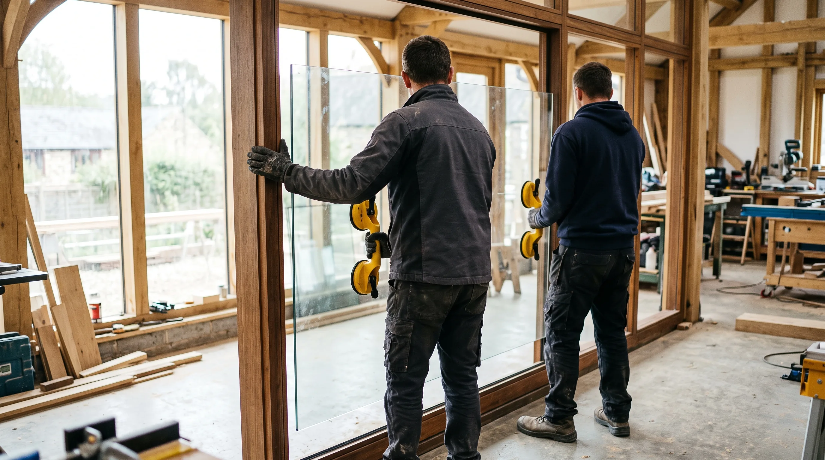 Two glaziers lifting a large pane into place in a bright interior
