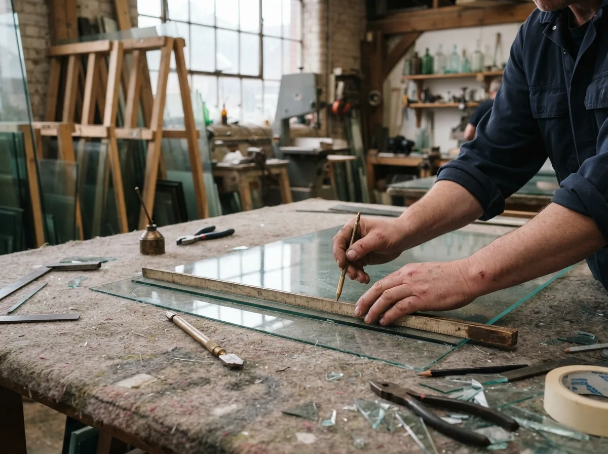 A glazier measuring a sheet of glass on the cutting bench