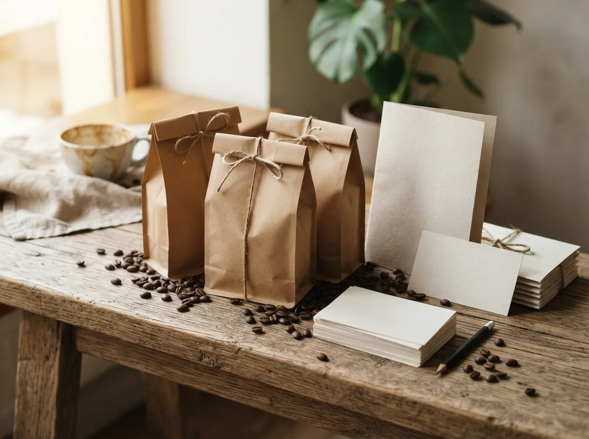 Brand identity for a coffee roaster — cards, bags and menus laid out on a bench