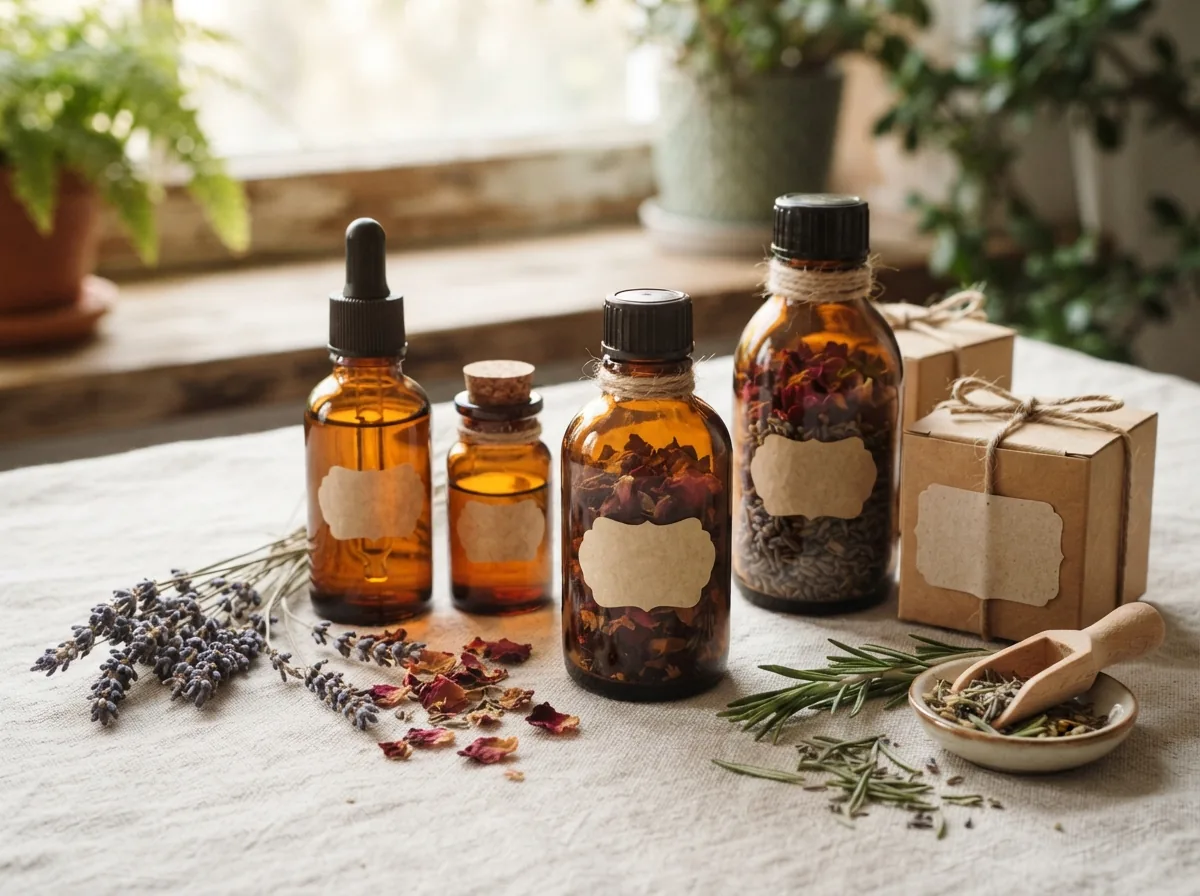 Logo and labels for a herbal apothecary — bottles and boxes