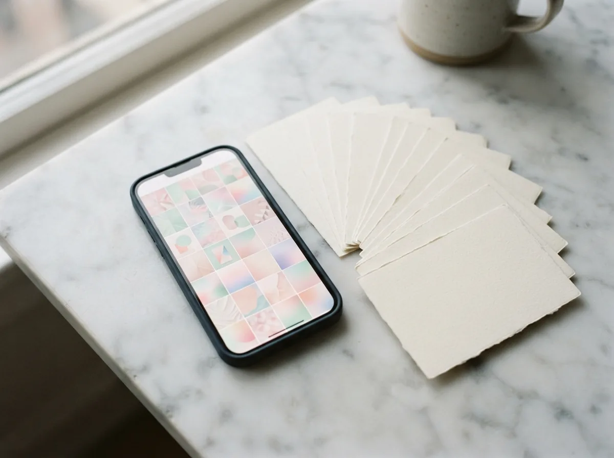 An Instagram campaign and templates shown on a phone beside printed cards