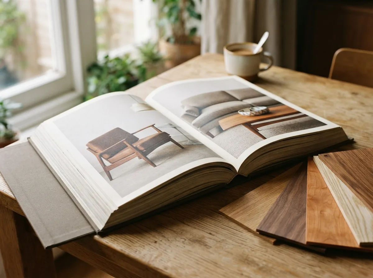 A furniture catalogue lying open beside colour swatches