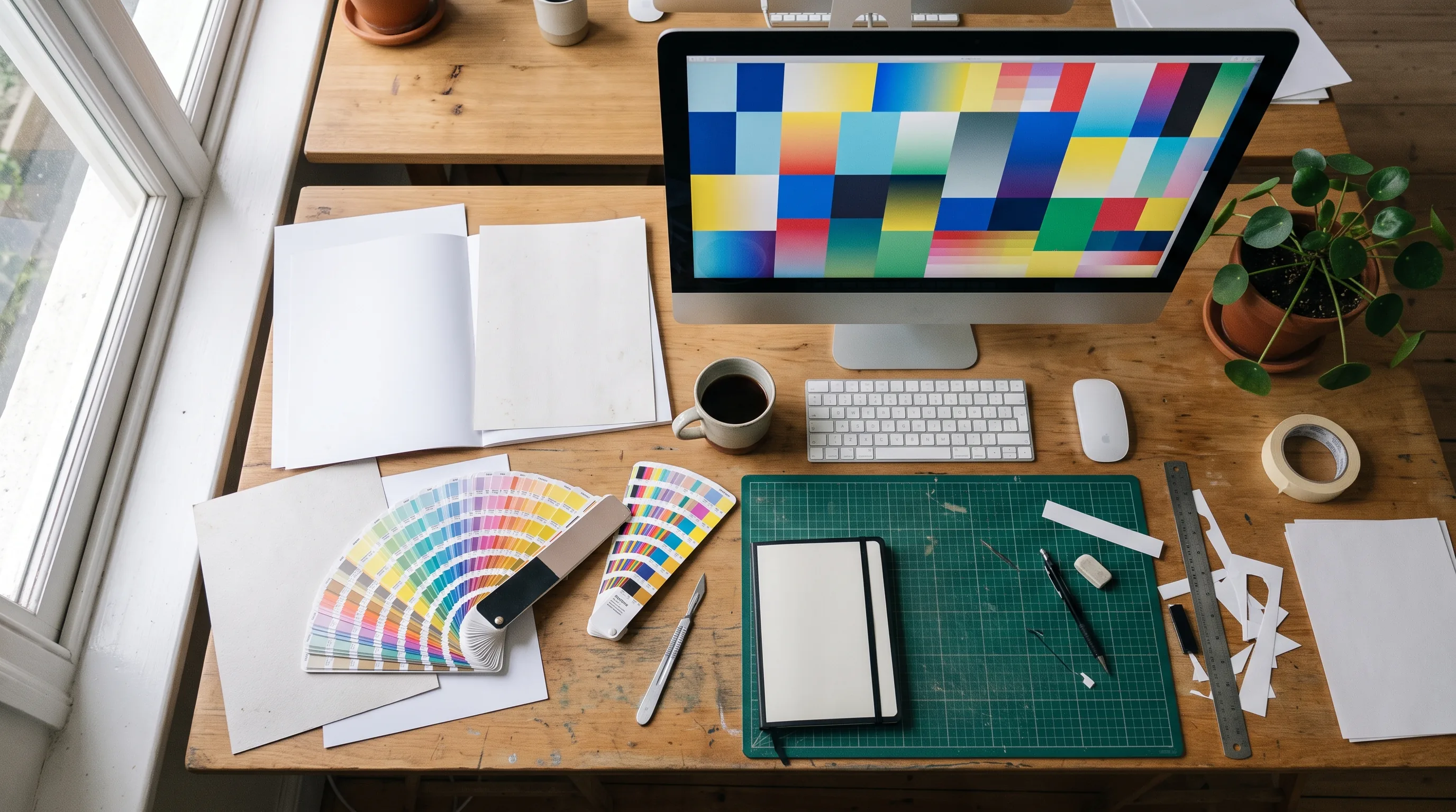 The studio — a desk of printed proofs and colour swatch books