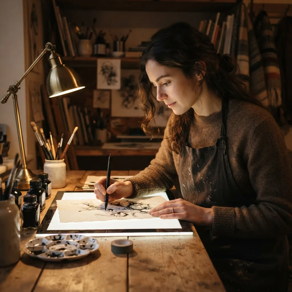 The illustrator drawing at a light board